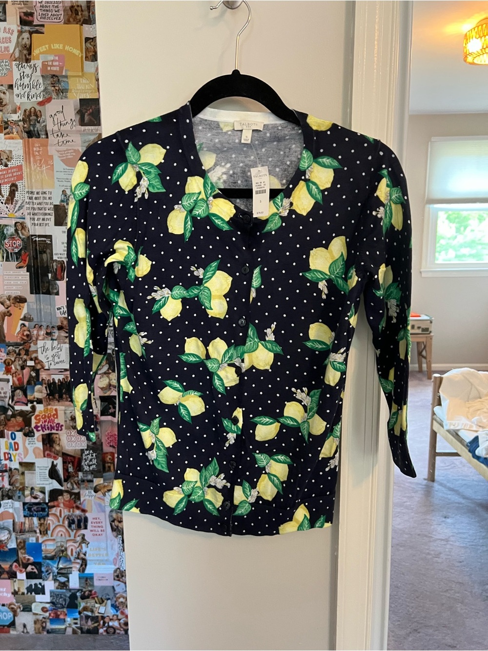 Talbots Navy Lemon Print Button-Front Cardigan